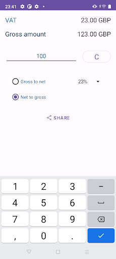 Calculator VAT gross nett Screen 2