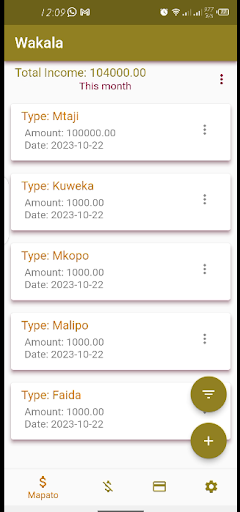 Android application Wakala, Mapato Matumizi Madeni screenshort