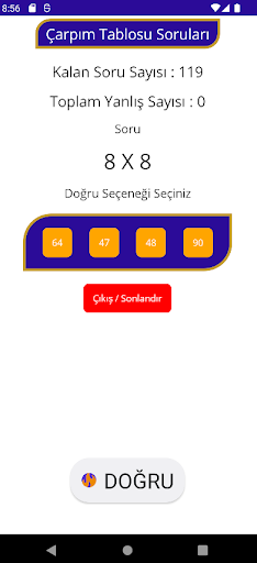 Android application çarpım tablosu screenshort