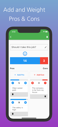 Decision Maker: Pros & Cons Screen 3