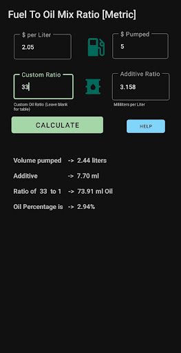 Fuel to Oil Mix Calculator Screen 3