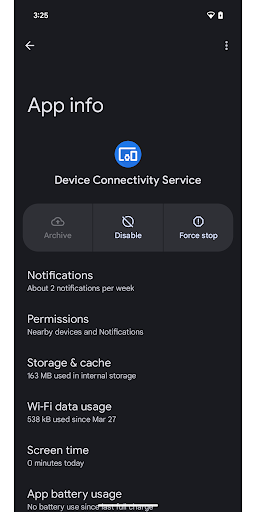 Screenshot of Device Connectivity Service