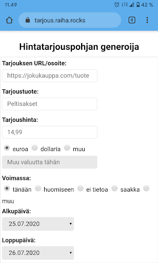 Android application Tarjouspohja screenshort