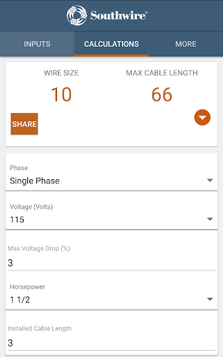 Screenshot of Southwire® Pump Cable Calc