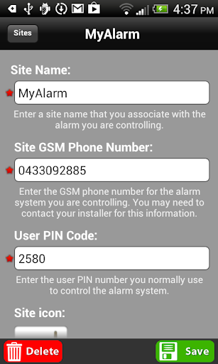 MyAlarm SMS Control Screen 2