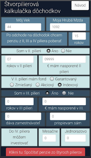 Android application Dôchodok kalkulačka penzií zo screenshort