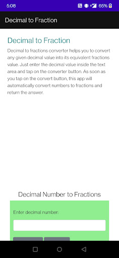 Android application Decimal to Fraction screenshort