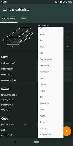 Lumber calculator Screen 2
