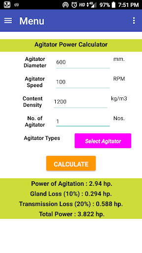 Android application Agitator Power Calculator Pro screenshort