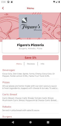 Android application Figaros Pizzeria TS16 screenshort