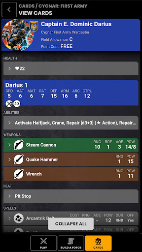Warmachine App Screen 2
