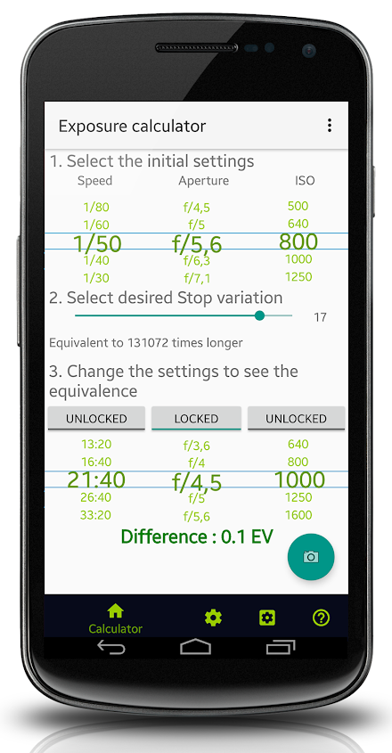 Exposure calculator Screen 2
