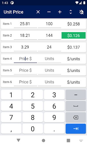 Unit Price Comparison Screen 2