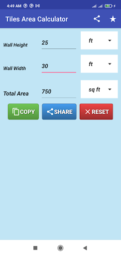 Android application Tiles Area Calculator screenshort