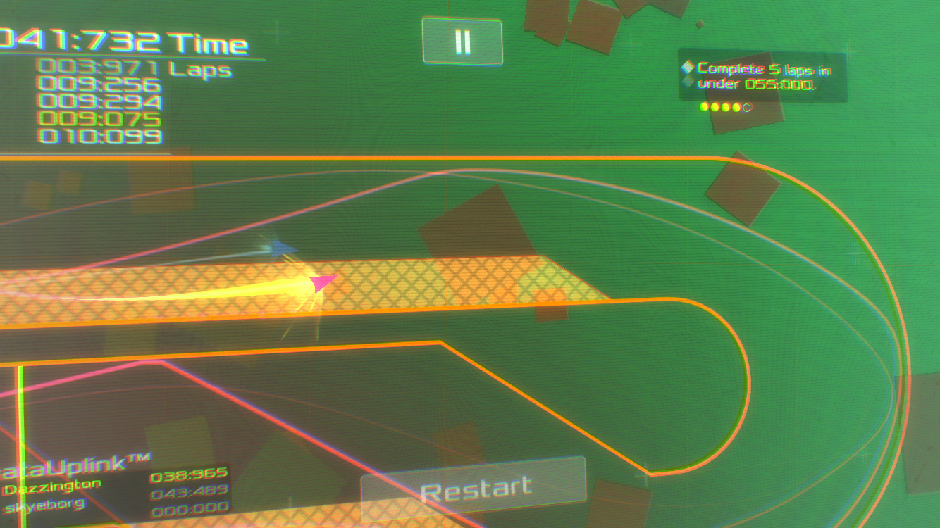 A screenshot of DATA WING, with green background and gold cyberpunk-style racetrack.