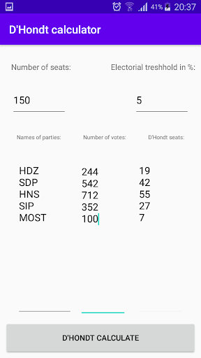 DHondt calculator Screen 2