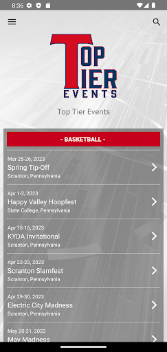 Android application Top Tier Events screenshort