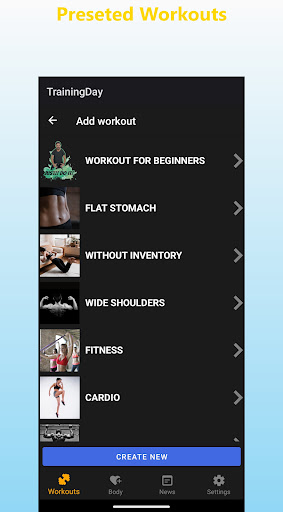 Workouts, Fitness Training Day Screen 2