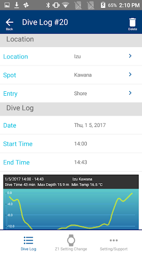 Z dive log Manage & Set SCUBA Screen 2