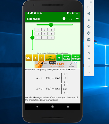 Eigenvalues Calculator Screen 2
