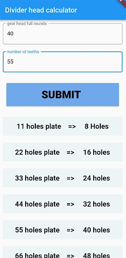 Android application Dividing Head Calculator screenshort