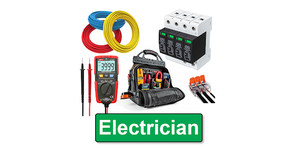 métier électricien (electrician est électricien écrit en anglais) ressource  graphique avec plan de maison et matériel d'électricité pour électricien  Stock Photo
