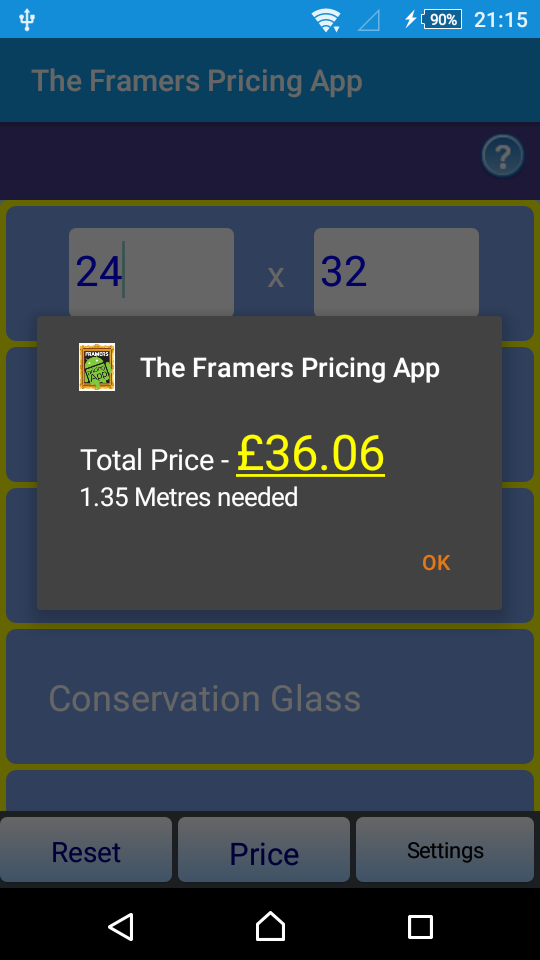 Android application Picture Framers Pricing App screenshort