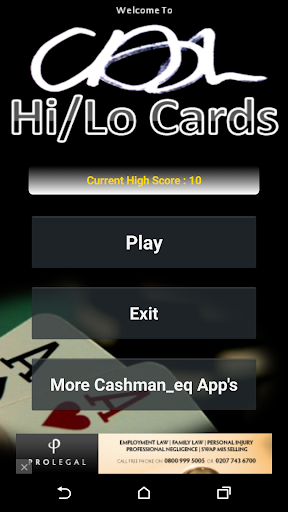 Android application CAsh - High Low Playing Cards screenshort