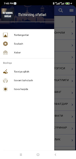 Android application Mo'minning sifatlari screenshort
