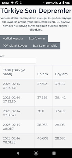 Android application Geliştirilmiş Son Depremler screenshort
