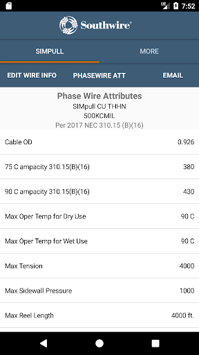 Screenshot of SIMpull 600V Calculator