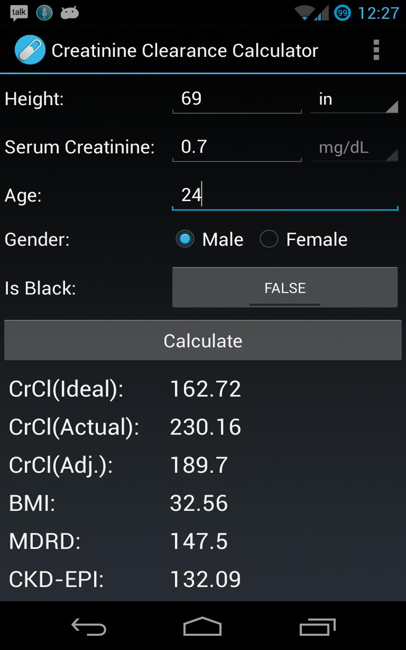 Android application Multiple Creatinine Clearance screenshort