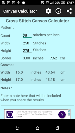 Android application Cross Stitch Canvas Calculator screenshort