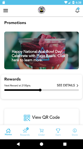 Android application Playa Bowls Rewards screenshort