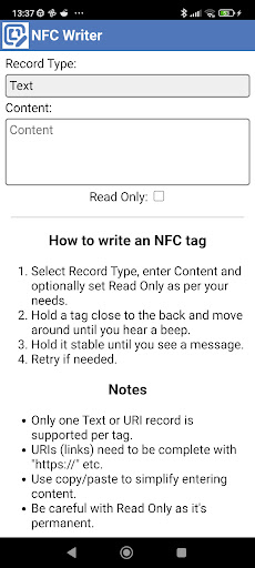 Android application Abiro NFC Writer screenshort