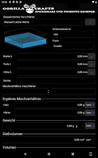 Epoxy resin calculator Screen 2