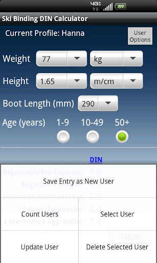 Ski Binding DIN Calculator Screen 2