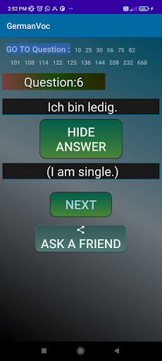 German Vocabulary Flash Cards Screen 2