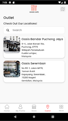 Android application Oasis Café screenshort