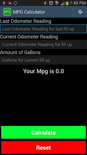 Android application MPG Calculator screenshort