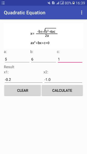 Quadratic Equation Calculator Screen 2