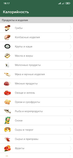 Android application Калорийность продуктов и блюд screenshort