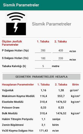 Android application Sismik Parametreler screenshort