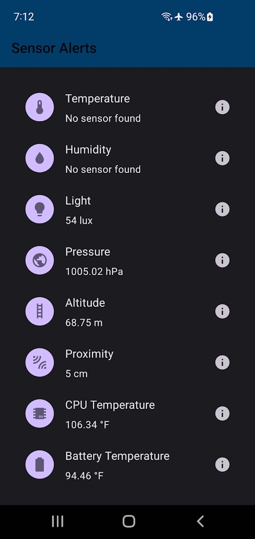 Android application Sensor Alerts screenshot