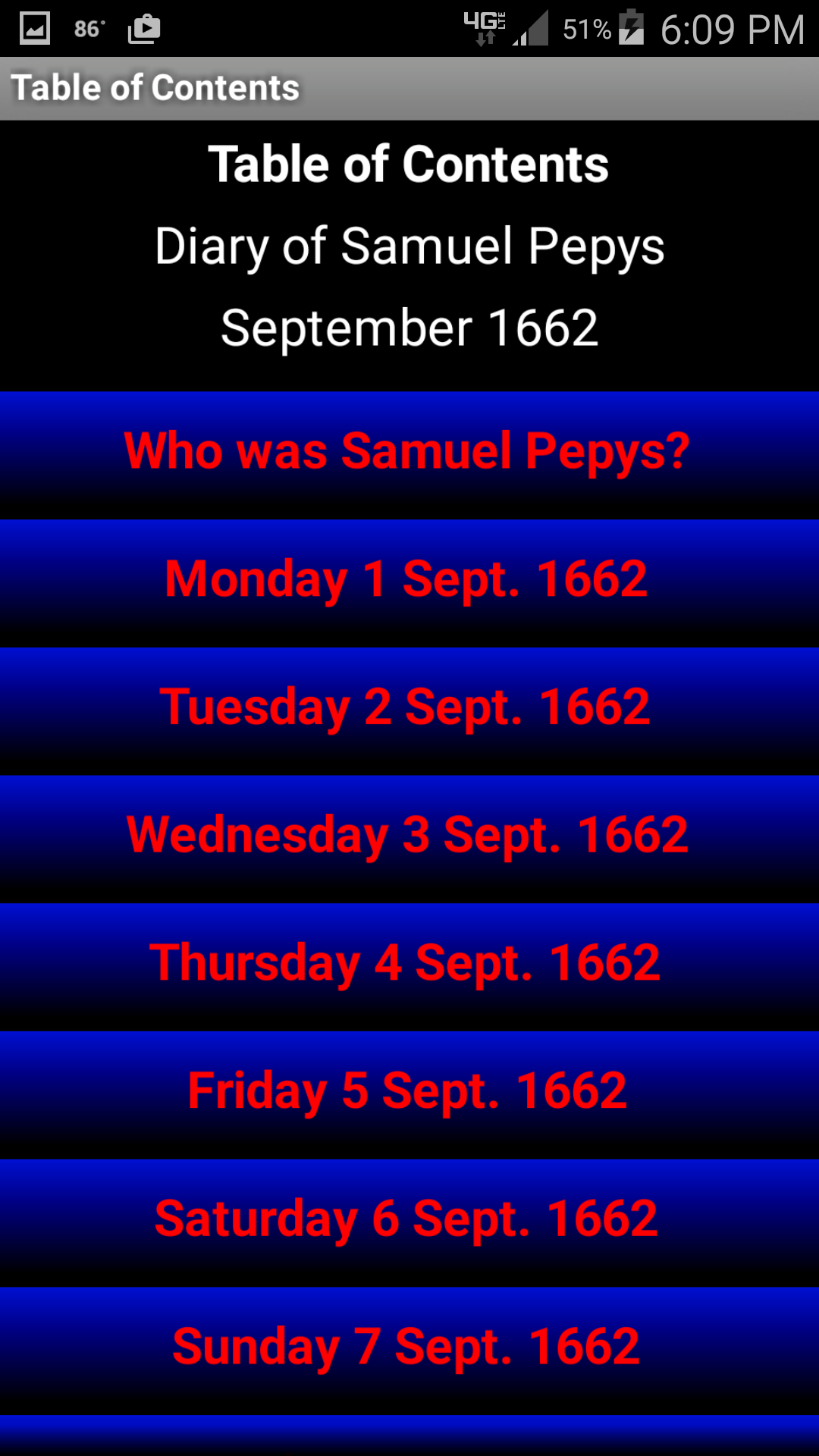Android application Diary of Samuel Pepys (September 1662 - London UK) screenshort