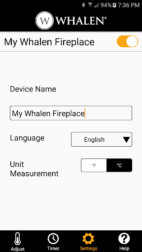 Whalen Fireplace Bluetooth App Screen 3