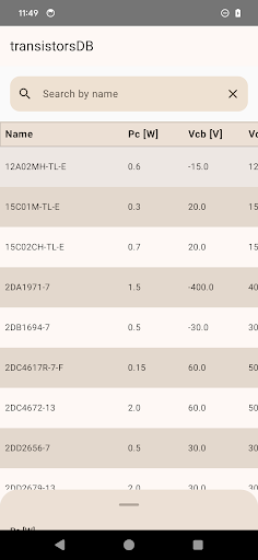 Android application Transistor Database screenshort