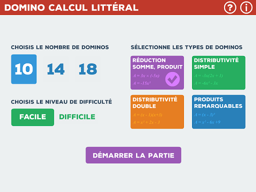 Android application Domino Calcul Littéral screenshort