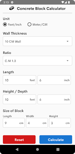 Android application Concrete Block Calculator screenshort