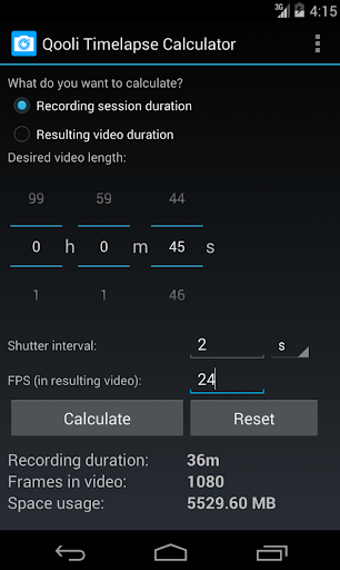 Android application Qooli Timelapse Calculator screenshort